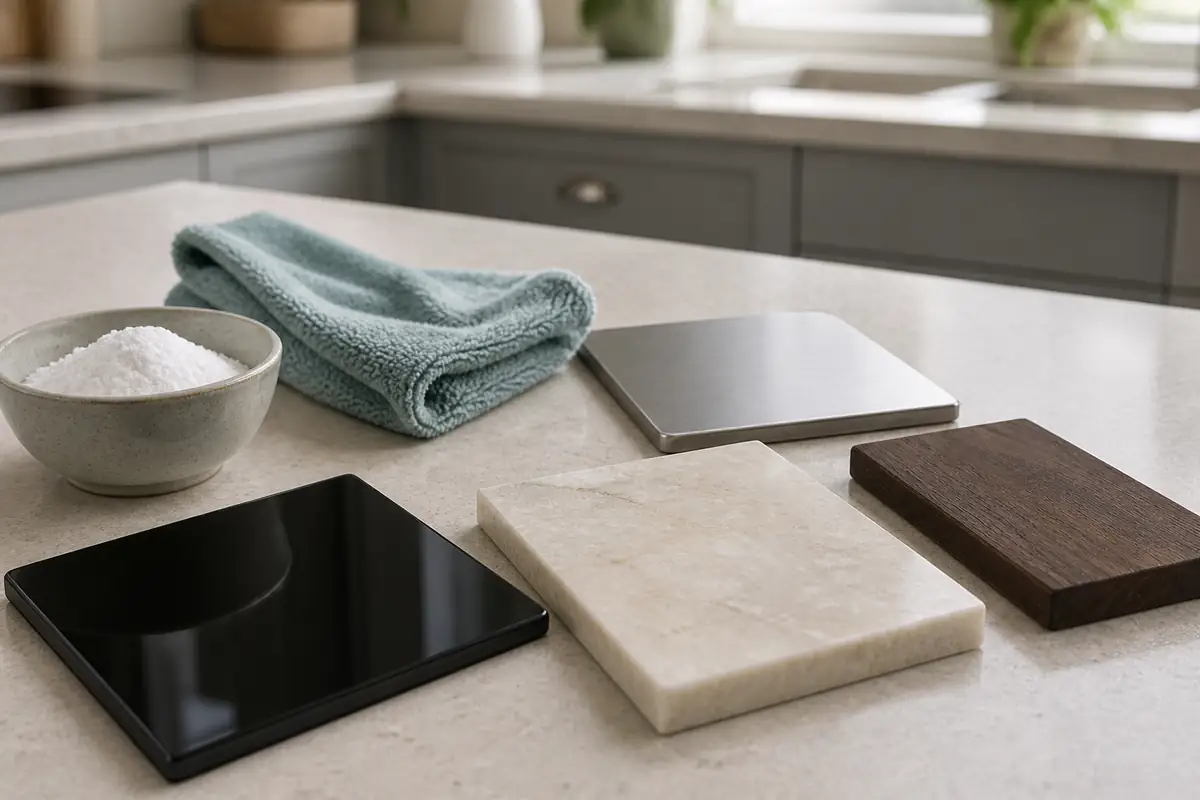 10 Surfaces You Should Never Clean with Baking Soda 3 Baking soda beside glossy glass, polished stone, metal and finished wood samples that need material-specific care.