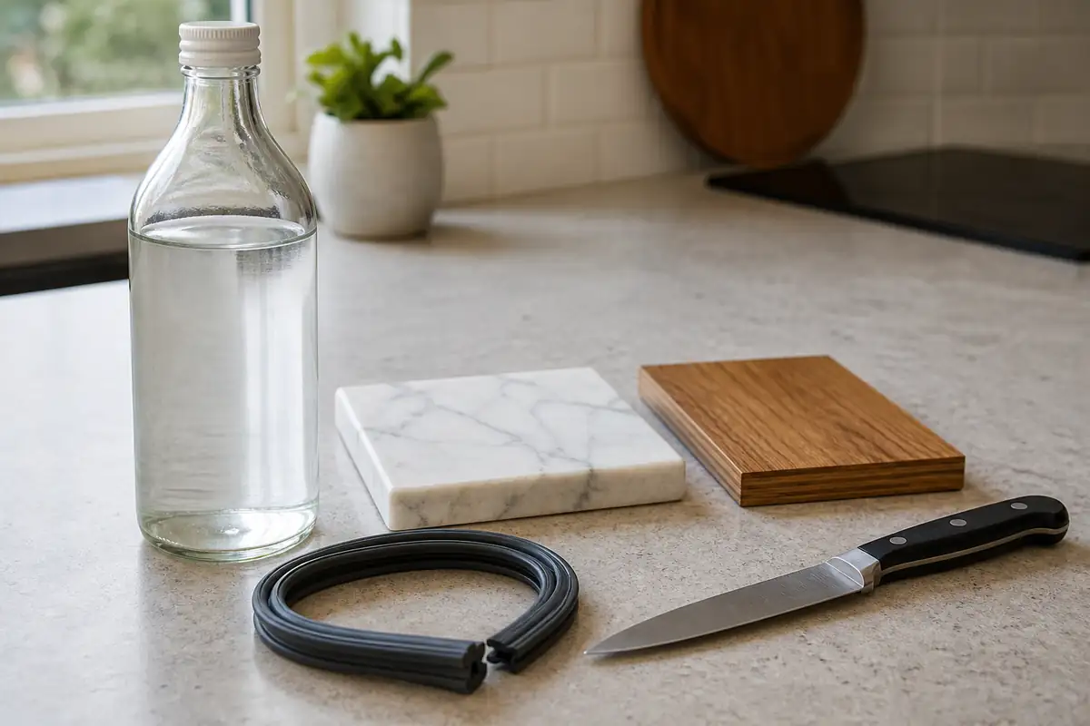 8 Household Items You Should Never Clean with Vinegar 3 White vinegar beside polished marble, sealed wood, a rubber gasket and a kitchen knife that need material-specific care.
