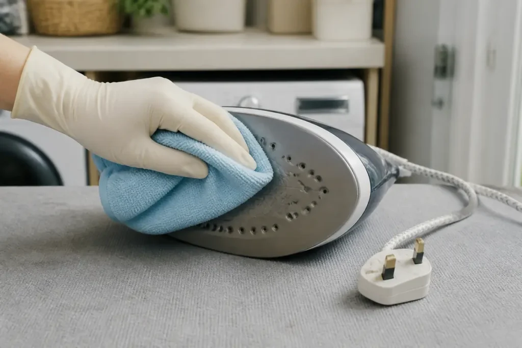 How to Clean Your Burnt Iron with (Mostly) Natural Products 5 Soft microfibre cloth wiping the cool soleplate of an unplugged iron
