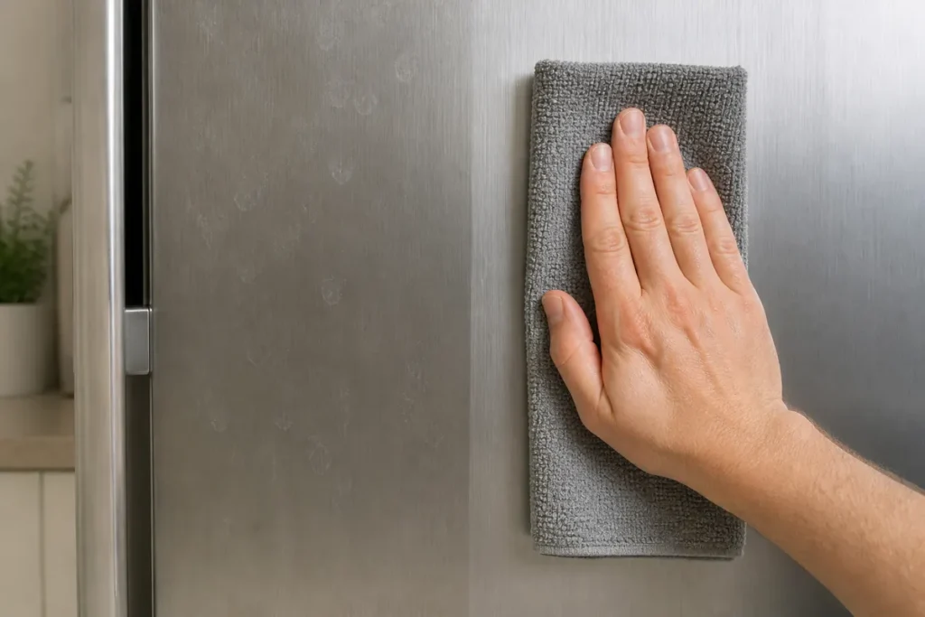 Cleaning Stainless Steel Splashbacks and Countertops 5 Microfibre cloth wiping a brushed stainless-steel fridge door in the direction of the grain