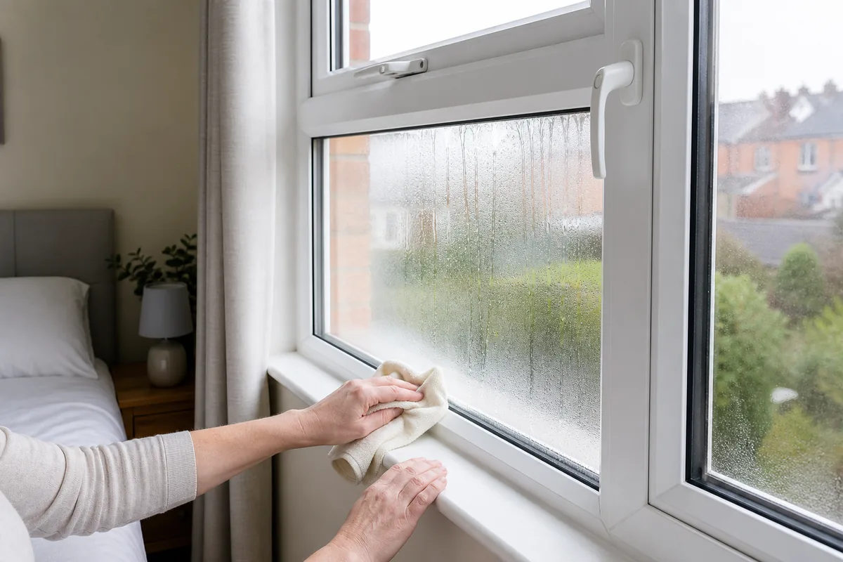 How to Remove Mould from Your Window Sills for Good 6 Person drying condensation from a bedroom window with a microfibre cloth